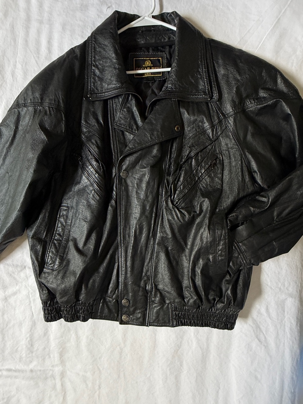 Vintage Oscar Piel Men’s XXL Black Genuine Leather Bomber Jacket 80s 90s - Picture 4 of 13